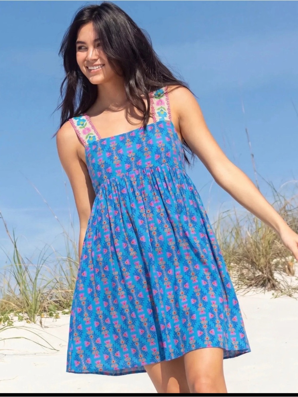 Natural Life Blue Floral Boho Sun Dress Smocked Back Mini L